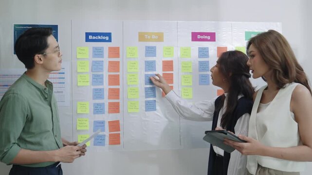 brainstorming session, using sticky notes on a task board (kanban) to organize ideas and workflow in a modern office