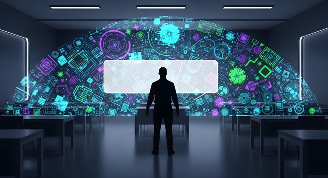 Silhouette Man Before Futuristic Digital Data Display in Modern Tech Room