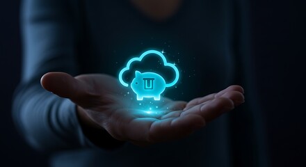 A hand holds a glowing neon blue icon of a piggy bank inside a cloud, symbolizing cloud savings and financial security in a digital world