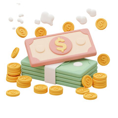 3D Render of Money with Stacked Bills and Falling Coins on transparent background 