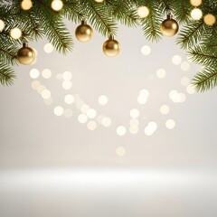 Fototapeta premium Winter holiday background with minimalist Christmas decorations, pine branches, golden ornaments, and warm bokeh lights, clean festive aesthetic, copy space for text