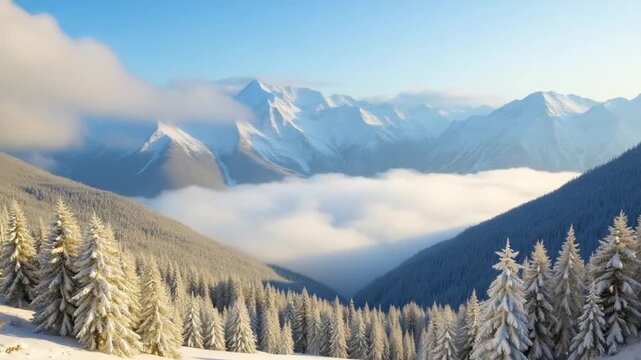 Scenic winter landscape in the mountains with clouds above and below and woods covered in snow