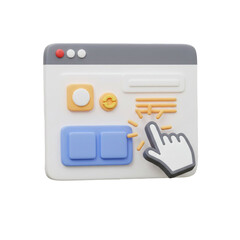 3d cartoon www browser window with cursor clicking, internet website concept, isolated on transparent background