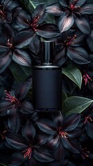 Image of an elegant black perfume bottle among blue flowers