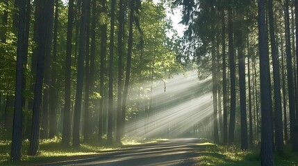 Obraz premium Sunlight Filtering Through Tall Trees in a Serene Forest Landscape Pathway