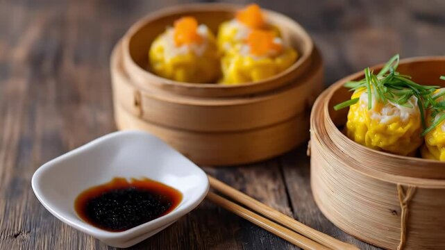 A steamed dumpling bamboo steamer with soy sauce wooden table, traditional asian cuisine featuring yellow wrapper dim sum, savory appetizer garnished with green onion, delicious snack for lunch