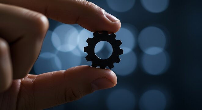 A persons finger and thumb hold a small black gear, symbolizing mechanics, engineering, or a component of a larger system against a dark blue background with bokeh lights
