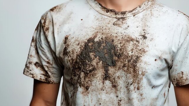 Dirty t-shirt with mud splatter on a person