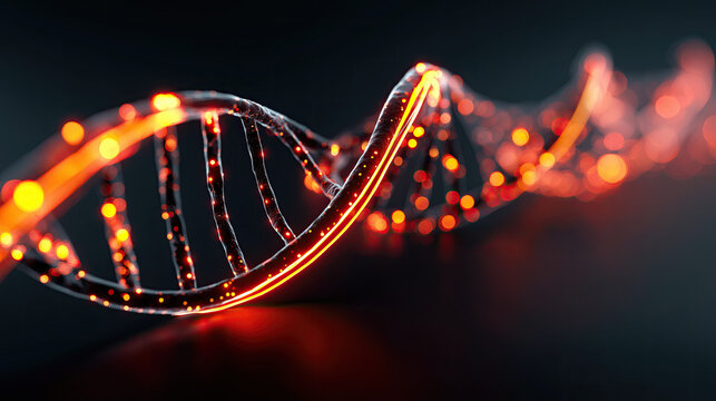 Futuristic DNA helix made of neon light, abstract science background.