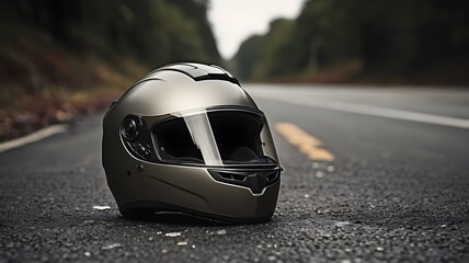 Stylish motorcycle helmet resting on asphalt road, evoking freedom and adventure, perfect for travel blogs or safety campaigns