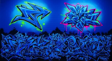 Vector art of vibrant graffiti art with neon blue and green colors on a dark background