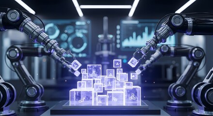 AI Robotic Arms Assembling Glowing Data Cubes in Futuristic Digital Processing Facility
