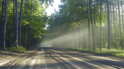 Obraz premium Serene Dirt Road Through Lush Green Forest with Sunlight Streaming Through Trees