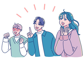 斜め上を見て感激するアニメ調の若い男女