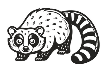 Cartoon Raccoon on White Background with Stylized Black and White Stripes