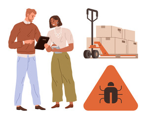 Two employees reviewing reports, pallet jack holding sealed boxes, orange sign symbolizing insect pest risk. Ideal for logistics, teamwork, quality control, warehousing, pest management, shipping