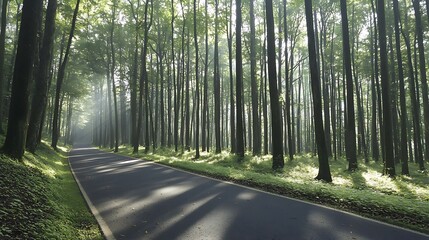 Obraz premium Serene Sunlit Path Through Lush Green Forest with Gentle Fog and Tall Trees