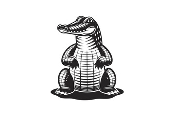 Cartoonish Alligator Sitting Mascot Art in Bold Black Lines on White Background