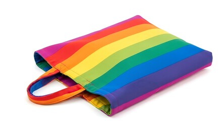 Colorful rainbow striped tote bag lying on a white surface