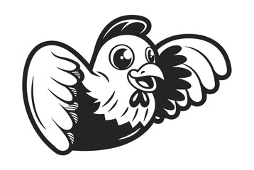 Cartoonish Chicken in Format, Black and White on White Background