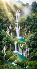 Majestic Multi-Tiered Waterfall Cascading Through Lush Greenery