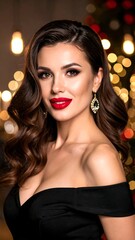 Fototapeta premium Woman in elegant black dress, festive background