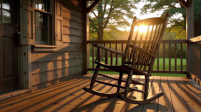 Empty rocking chair on a porch bathed in warm, golden sunset light