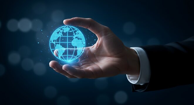 Closeup of a persons hand delicately holding a bright blue, holographic globe with interconnected lines, illustrating global connectivity, digital advancement, and the future of business