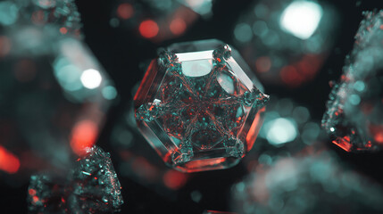 Geometric crystal fractals in a zero-gravity void, sharp neon reflections, infinite depth.