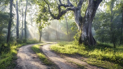 Fototapeta premium Misty Forest Pathway with Sunlight Filtering Through Trees and Lush Greenery in Nature