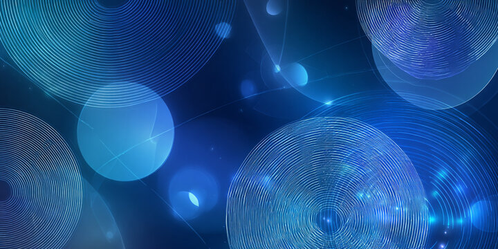 Abstract background with concentric circles and glowing blue orbs on a dark blue gradient.