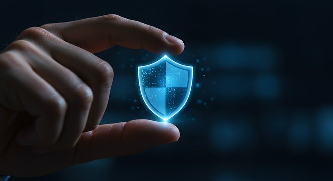 A persons fingers hold a glowing blue shield icon, symbolizing digital security and data protection in a dark, abstract background with bokeh lights