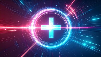 Glowing plus symbol pulsates within a futuristic, neonlit tunnel, symbolizing innovation and technological advancement with vibrant colors and dynamic energy.