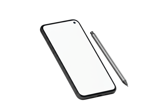 A modern smartphone with blank screen, pill notch, beside a polished silver stylus on a transparent studio background with bright lighting, a technology concept