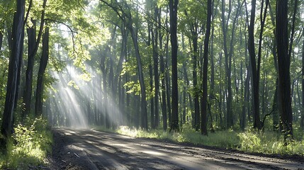 Obraz premium Serene Forest Pathway Surrounded by Lush Green Trees and Gentle Sunlight Rays