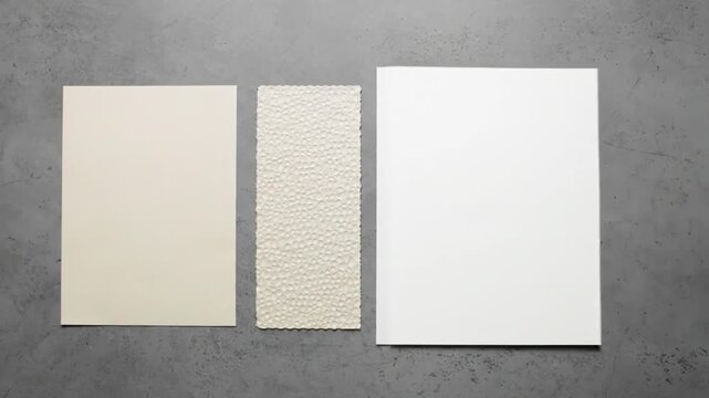 Minimalist flat lay with blank paper textured material sample and plain sheet on a modern concrete background Ideal for design mockups presentations and creativ