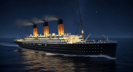 Large Vintage Ocean Liner Traveling at Night Under Starry Sky