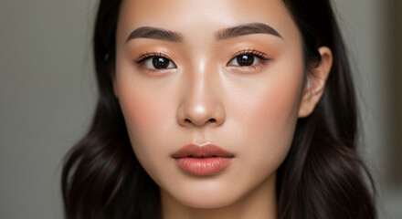 Close-up Portrait of Asian Woman with Flawless Makeup, Soft Lighting