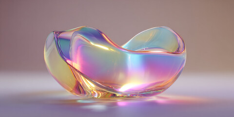A translucent iridescent glass bowl with flowing colors and reflections sits on a surface.
