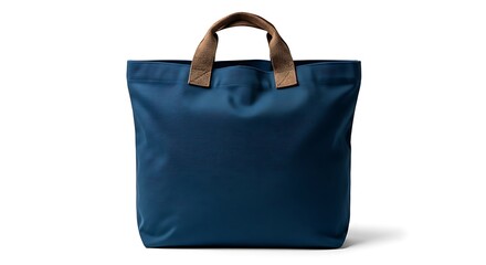 Naklejka premium Blue tote bag with brown handles isolated on white background