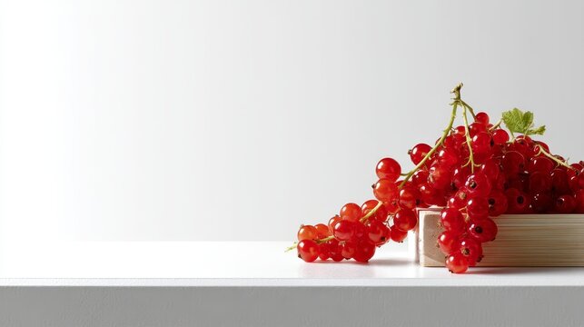 Closeup of a single ripe red currant with green stem on a white background, emphasis on fresh fruit texture and vibrant color, with space for text on right