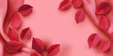 Scattered red leaves on a draped pink fabric surface.