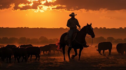 Silhouette of a cowboy on horseback at sunset