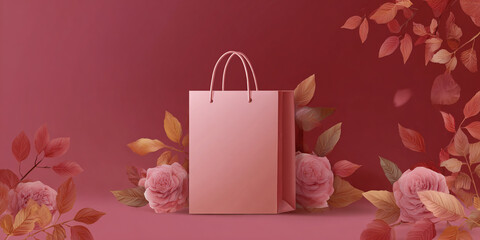 A pink shopping bag is surrounded by pink roses and autumn leaves against a pink background.