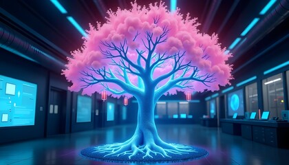 Glowing Pink Digital Tree in Futuristic Data Center with Neon Blue Lights
