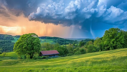 Obraz premium Dramatic stormy sky casting shadows over expansive wheat field in rural landscape