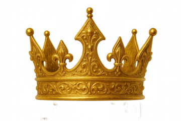 Majestic golden crown adorned with fleur-de-lis, symbolizing royalty and authority, isolated on transparent background