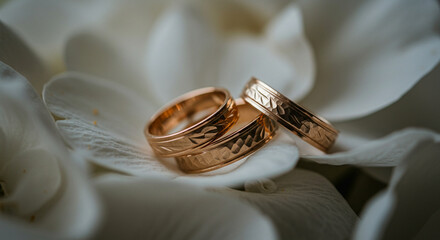 Elegant Wedding Rings on White Flower Petals, Romantic Close-Up, Soft Lighting.