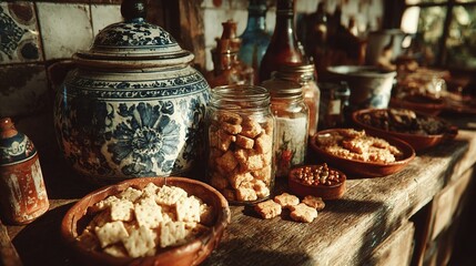 Vintage kitchenware holding handcrafted snacks, bathed in warm nostalgic light.
