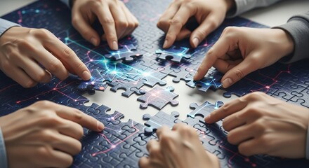 Collaborative Business Team Assembling Puzzle Pieces in Modern Office with Digital Overlay